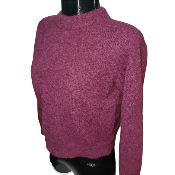 Zara Burgundy Wool Alpaca Blend Knit Crewneck Sweater Size S - Picture 3 of 7